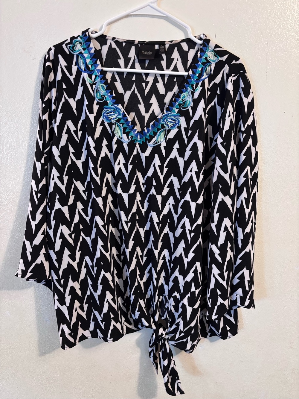 Black & White Patterned V-Neck Tie-Hem Top with Blue Embellished Trim